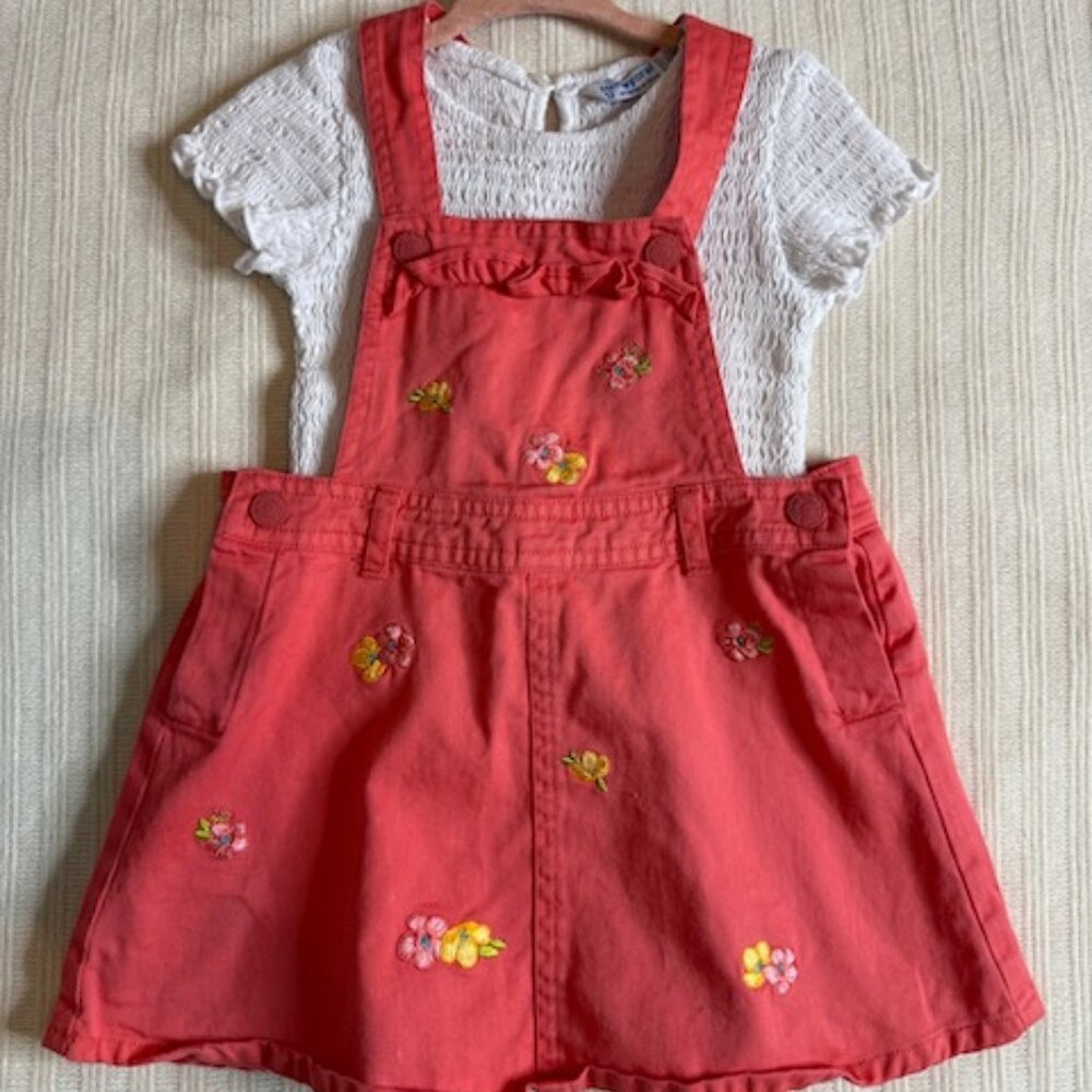Mayoral Floral Denim Overall Dress & Ribbed Tee Set | 24M